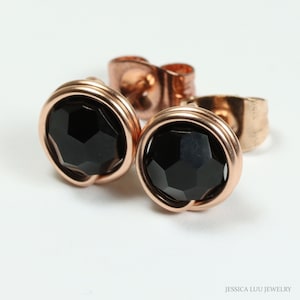 Rose Gold Schwarz Ohrstecker, Rose Gold Ohrringe, 6 mm 8 mm 10 mm Runde Jet Kristallkugel Beiträge, handgemachter Schmuck