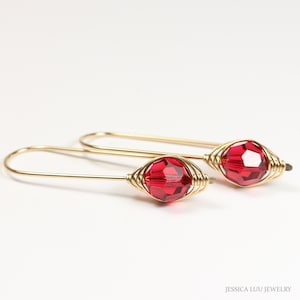 Ruby Red Long Drop Earrings Yellow or Rose Gold Handmade Jewelry 8mm Round Scarlet Crystal July Birthstone Gifts