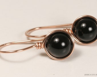 Black Pearl Drop Earrings, Rose Gold Dangle Earrings, Small Wire Wrapped Earrings, Minimalist Jewelry for Women