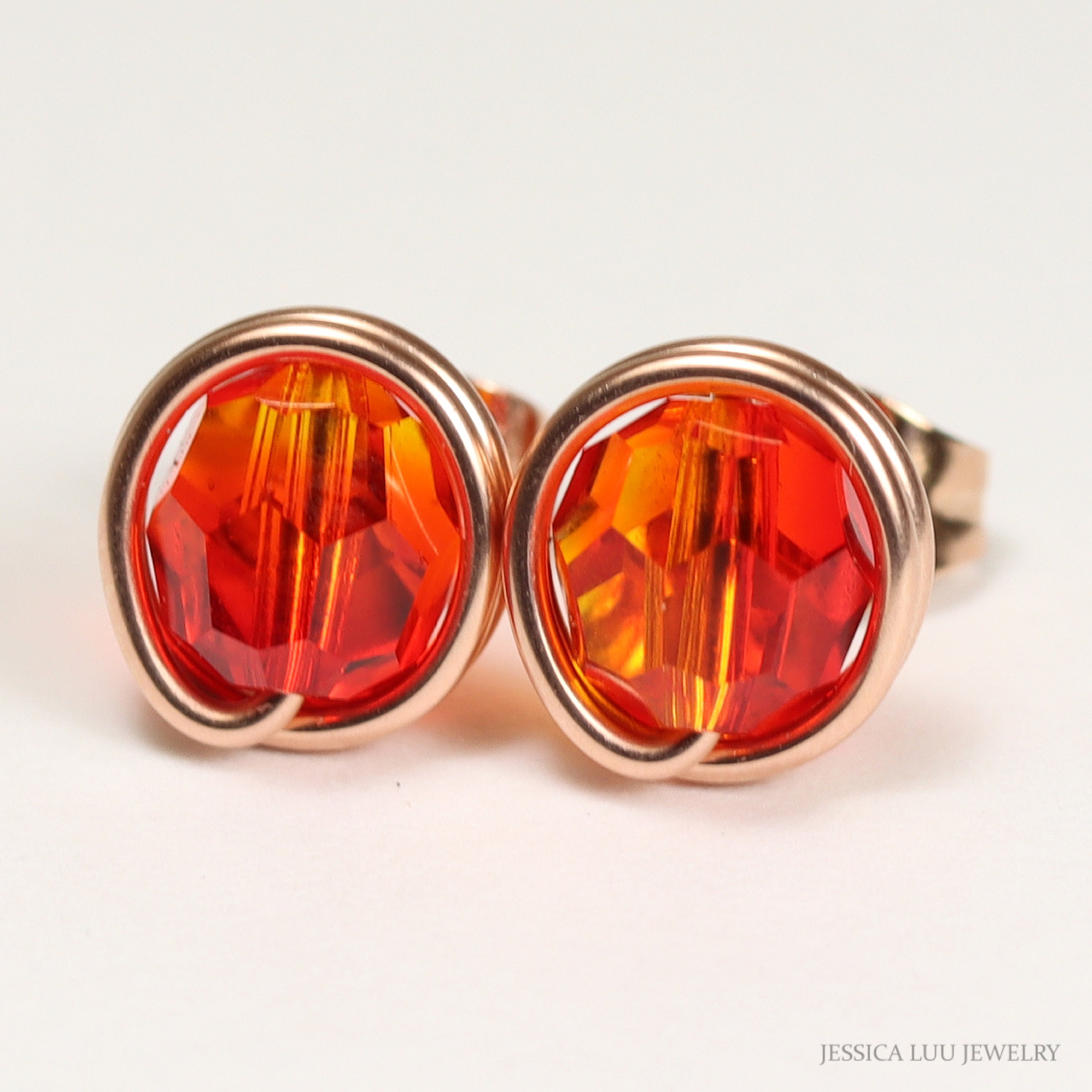 Flame Orange Red Stud Earrings Rose Gold or Yellow Modern 6mm 8mm Round Fire Opal Crystal Stone Ball Posts Handmade Jewelry for Women