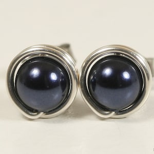 Navy Blue Pearl Stud Earrings Wire Wrapped Jewelry Handmade Sterling Silver or Gold Filled Dark Blue Earrings Night Blue Pearl