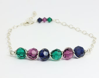 Sterling Silver Peacock Colored Chain Bracelet 8mm Round Purple Green Blue Crystal Beaded Handmade Jewelry