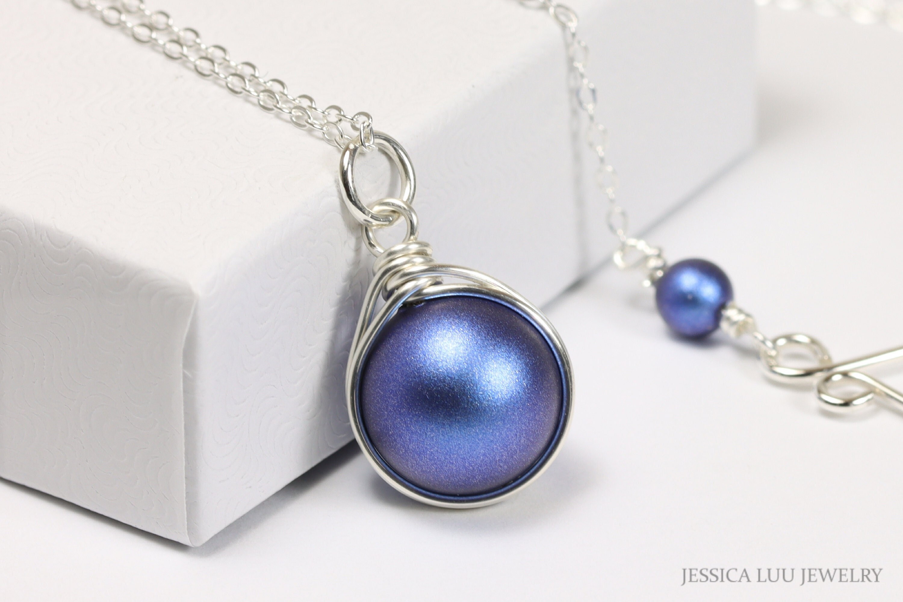 Iridescent Dark Blue Pearl Necklace: Sterling Silver Wire Wrapped Jewelry - Etsy
