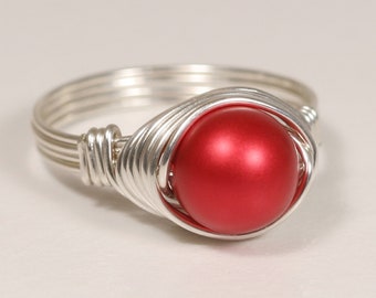 Red Pearl Ring, Sterling Silver Ring, Rouge Pearl Solitaire, Right Hand Ring, Rose Gold Ring, Gifts for Women Handmade