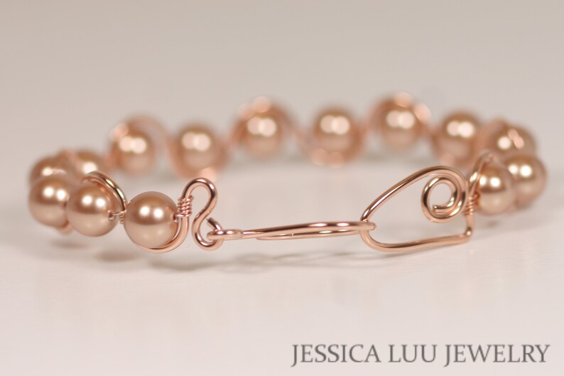 14K rose gold filled bracelet 7.5 inches around with multiple 8mm rose gold metallic pearls handmade by Jessica Luu Jewelry