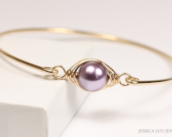 Gold Purple Pearl Bangle Bracelet Yellow or Rose Slide On 10mm Mauve Solitaire Handmade Jewelry Gifts for Women