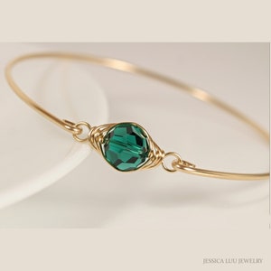 Gold Emerald Crystal Bangle Bracelet: Wire Wrapped Handmade Jewelry