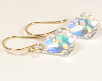 Gold Dangle Earrings, Iridescent Earrings, Aurora Borealis Crystal Earrings, 14K Gold Filled, Gifts for Women, Bridal Earrings