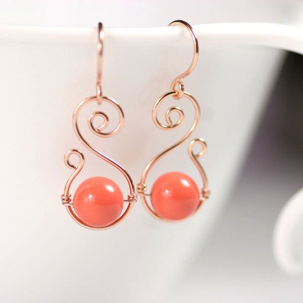 Rose Gold Coral Earrings Wire Wrapped Jewelry Handmade Rose Gold Earrings Orange Earrings Swarovski Pearl Earrings Rose Gold Jewelry