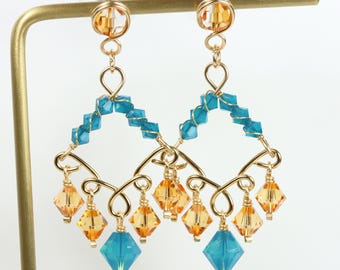Gold Orange and Blue Chandelier Earrings Wire Wrapped Statement Handmade Jewelry