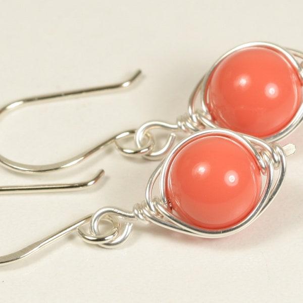 Coral Earrings Wire Wrapped Jewelry Handmade Sterling Silver Coral Earrings Orange Coral Earrings Coral Dangle Earrings Nacre Pearl