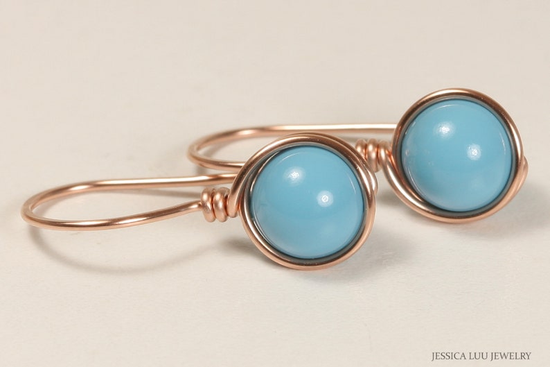 Rose Gold Turquoise Earrings Small Wire Wrapped Blue Pearl Dangles Handmade Jewelry Gifts for Women and Girls Matching Necklace Available