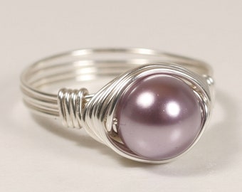 Light Purple Pearl Ring Sterling Silver or Gold Filled 8mm Round Mauve Solitaire Right Hand Ring Handmade Jewelry Gifts