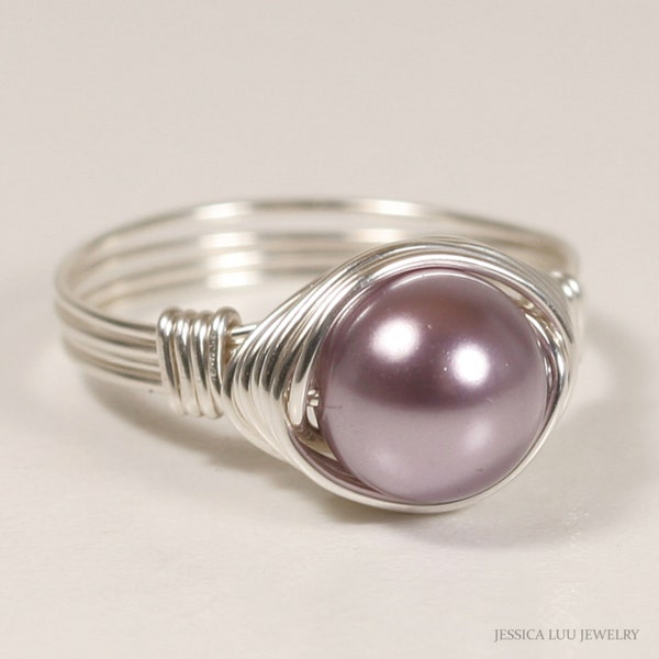 Light Purple Pearl Ring Sterling Silver or Gold Filled 8mm Round Mauve Solitaire Right Hand Ring Handmade Jewelry Gifts