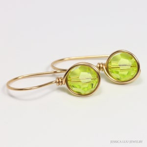 Chartreuse Green Earrings Yellow or Rose Gold Setting 8mm Faceted Round Lime Citrus Austrian Crystal Handmade Jewelry Gifts