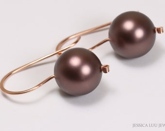 Rose Gold Brown Pearl Earrings - 14K Rose or Yellow Gold Filled Large Velvet Brown Pearl Drops Handmade Jewelry