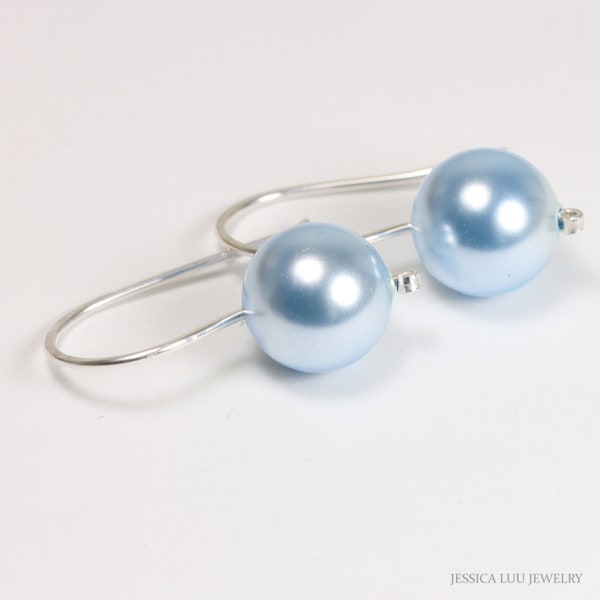 Light Blue Pearl Earrings, Sterling Silver Earrings, Large Pearl Drop Earrings, Bridal Earrings, Gifts for Women, Minimalist