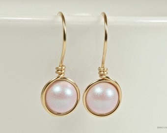Gold Iridescent Light Pink Pearl Drop Earrings Yellow or Rose Gold Minimalist Small Round 8mm Dreamy Pearl Handmade Jewelry for Women