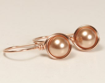 Rose Gold Pearl Earrings - Elegant Minimalist 8mm Round Metallic Drops Handmade Bridal Jewelry Gifts for Bridesmaids Women and Girls