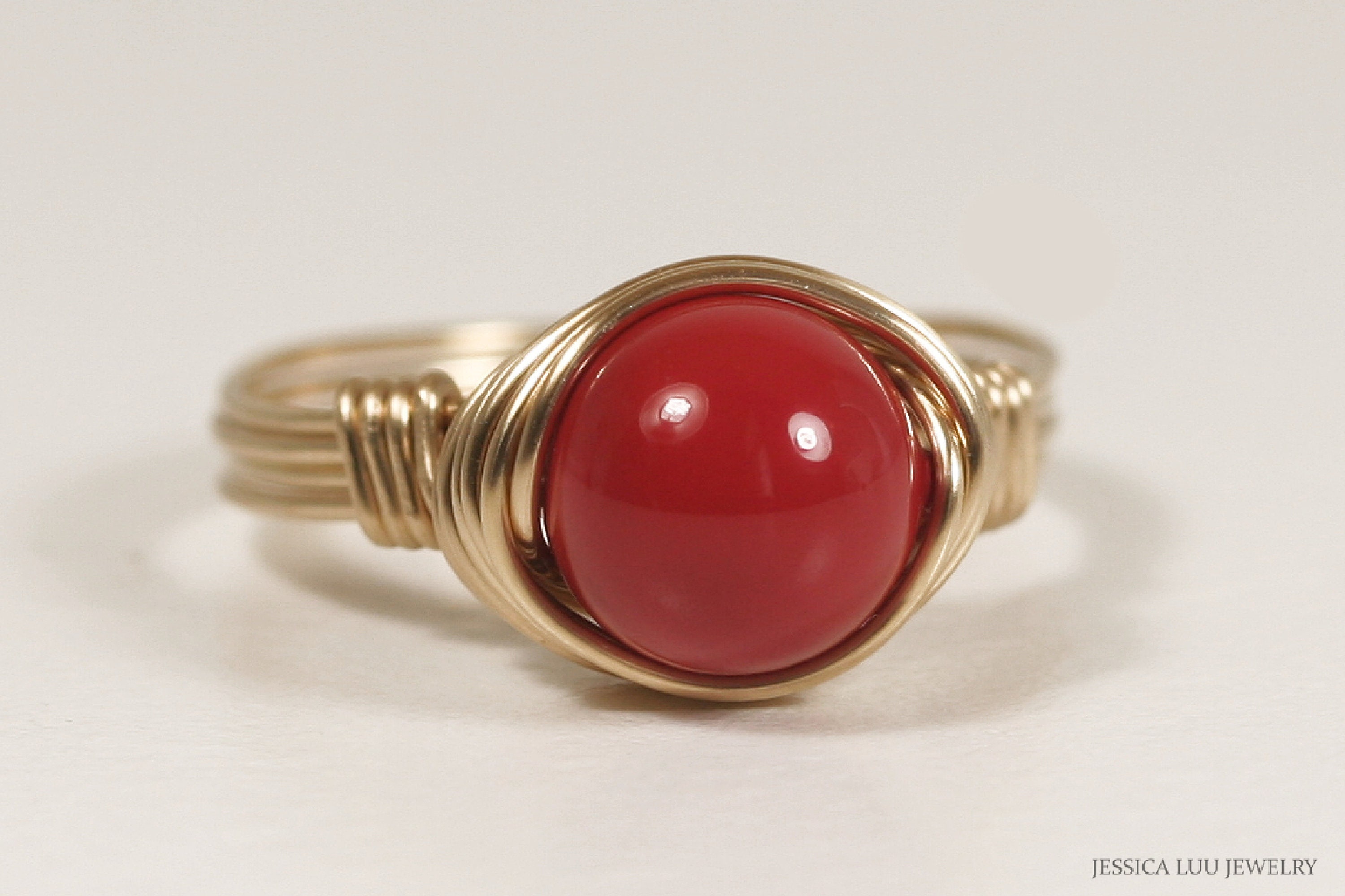 Gold Red Coral Ring Wire Wrapped Jewelry Handmade Gold Ring Gold