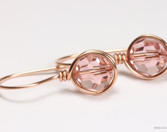 Rose Gold Blush Pink Drop Earrings 8mm Faceted Round Austrian Crystals Small Minimal Handmade Jewelry Gifts for Women