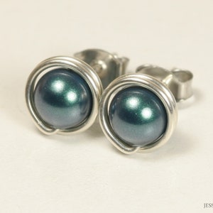 Tahitian Pearl Stud Earrings Sterling Silver or Gold Filled 6mm 8mm 10mm Round Ball Posts Iridescent Black Wire Wrapped Handmade Jewelry