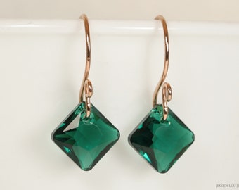 Emerald Green Crystal Dangle Earrings - Rose Gold Stone Handmade Jewelry Gifts May Birthstone