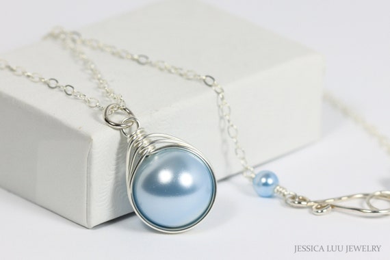 Light Blue Pearl Necklace Wire Wrapped Jewelry Sterling Silver