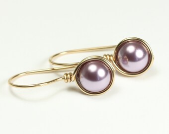 Gold Mauve Purple Pearl Earrings 8mm Round Drops Handmade Jewelry Gifts for Women