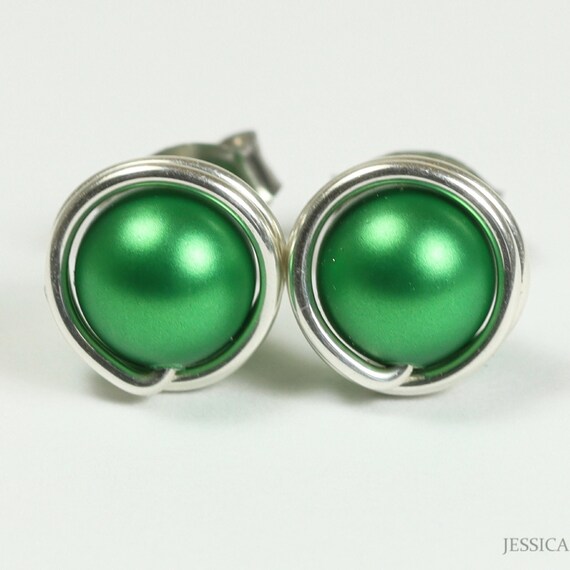 Bright Green Pearl Stud Earrings Sterling Silver or Gold Setting - Main Image