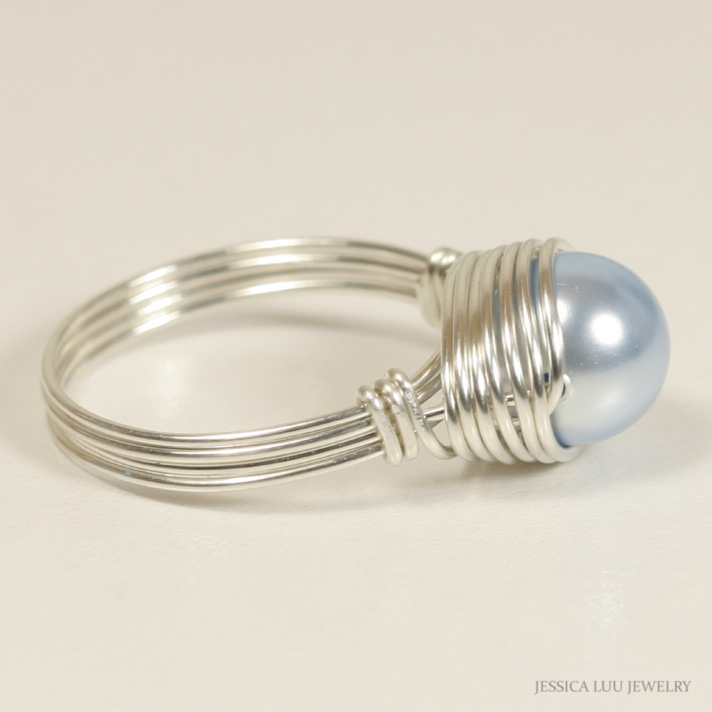 Light Blue Pearl Ring Wire Wrapped Jewelry Handmade Sterling