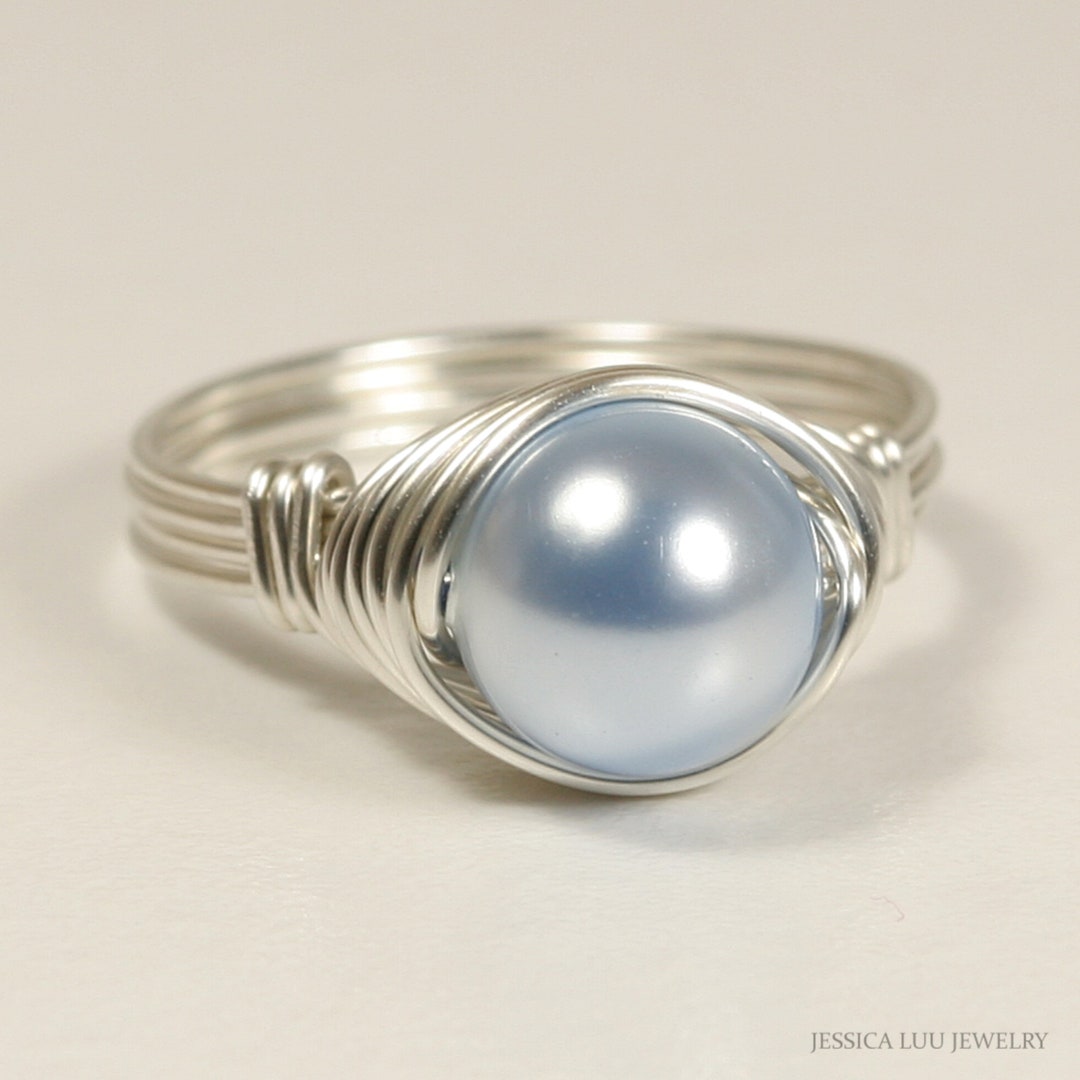 Light Blue Pearl Ring Wire Wrapped Jewelry Handmade Sterling