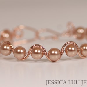 14K rose gold filled bracelet 7.5 inches around with multiple 8mm rose gold metallic pearls handmade by Jessica Luu Jewelry