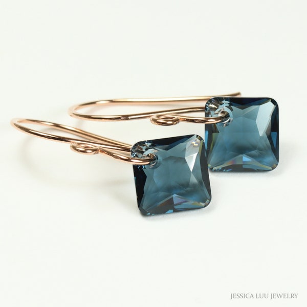 Rose Gold Montana Blue Sapphire Crystal Dangle Earrings 11.5mm Princess Cut Stone Handmade Jewelry Gifts for Her Under 35