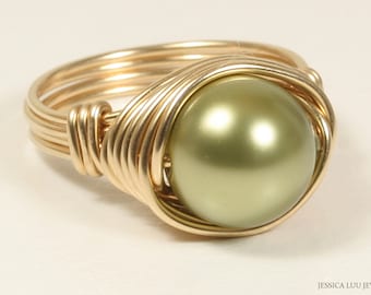 Gold Large Olive Green Pearl Ring - Wire Wrapped Pearl Solitaire Right Hand Cocktail Ring Handmade Jewelry