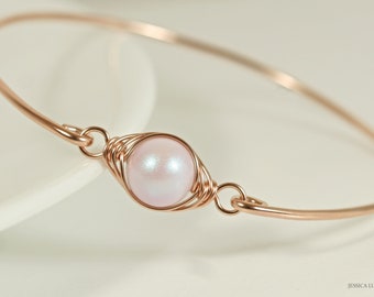 Rose Gold Iridescent Light Pink Pearl Bangle Bracelet, Rose Gold Bangle, Wire Wrapped Jewelry, Dreamy Rose Pearl Handmade Gifts