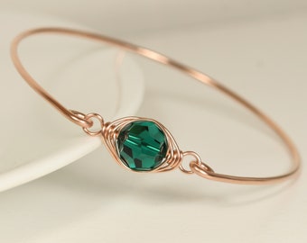 Rose Gold Emerald Green Bangle Bracelet Modern Minimalist 10mm Round Faceted Crystal Solitaire Slide On May Birthstone Handmade Jewelry