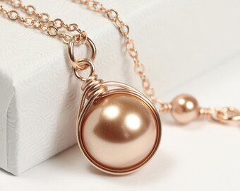 Rose Gold Pearl Necklace, 10mm Wire Wrapped Pendant Handmade Jewelry