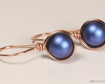 Rose Gold Iridescent Dark Blue Pearl Dangle Earrings 8mm Round Drops Handmade Jewelry Gifts for Women