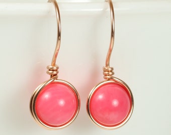 Rose Gold Natural Pink Coral Gemstone Earrings, Pink Coral Earrings, 14K Gold Filled Wire Wrapped Handmade Jewelry