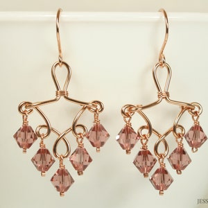 Rose Gold Dusty Pink Chandelier Earrings - Wire Wrapped Blush Rose Crystal Handmade Jewelry for Women