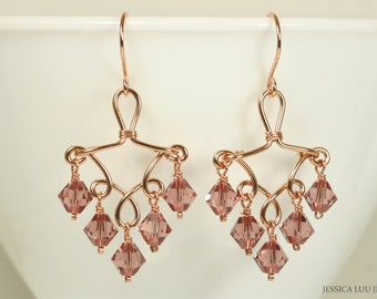 Rose Gold Dusty Pink Chandelier Earrings - Wire Wrapped Blush Rose Crystal Handmade Jewelry for Women