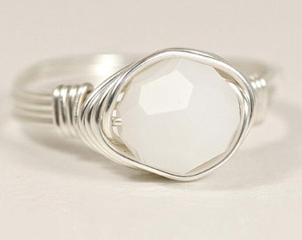 Sterling Silver White Alabaster Crystal Ring - Wire Wrapped Solitaire Handmade Jewelry