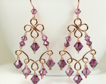 Rose Gold Amethyst Purple Chandelier Earrings Wire Wrapped Austrian Crystal Statement Handmade Jewelry February Birthstone