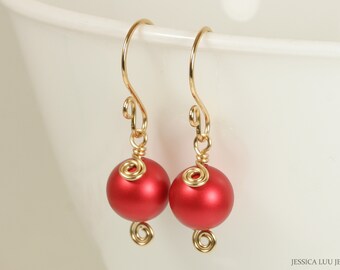 Gold Red Pearl Dangle Earrings Modern 10mm Round Rouge Drops Handmade Jewelry Gifts for Women