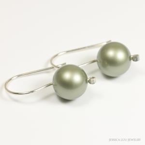 Sage Green Pearl Drop Earrings Sterling Silver or Gold Hooks 10mm Round Dusty Powder Light Minimalist Handmade Jewelry