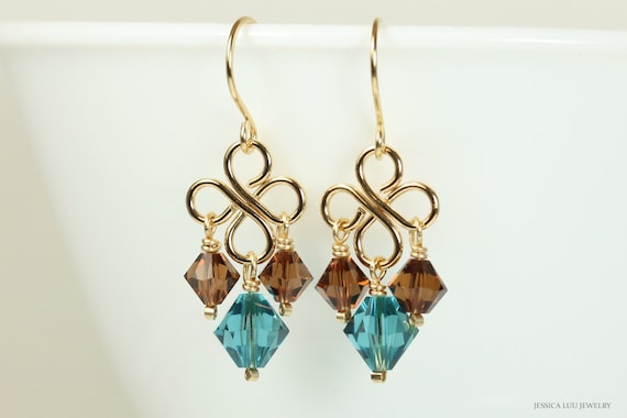 Gold Teal Blue And Brown Small Chandelier Earrings Wire Small Chandelier Earrings Wire, Teal Gold Chandelier Earrings