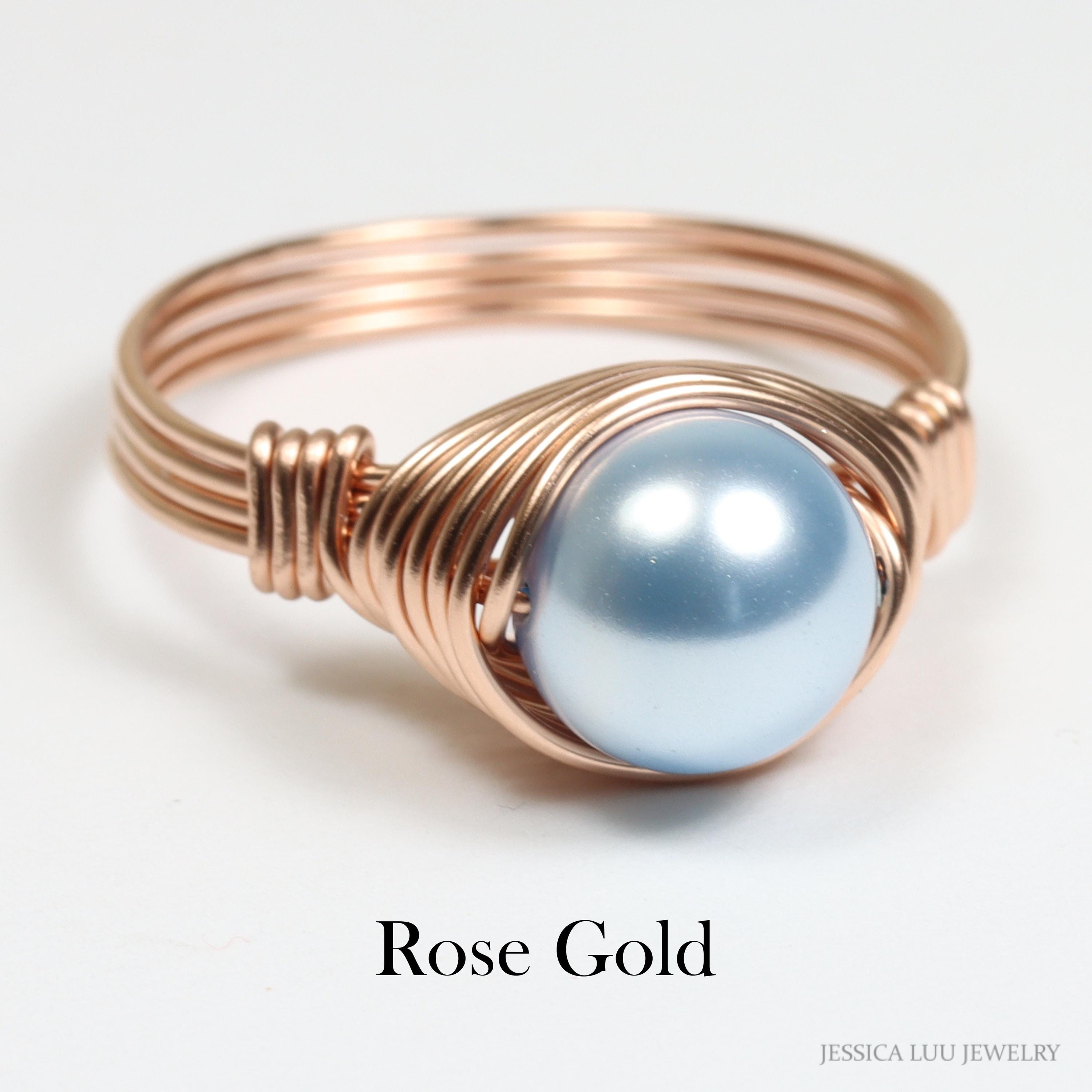 Light Blue Pearl Ring Wire Wrapped Jewelry Handmade Sterling
