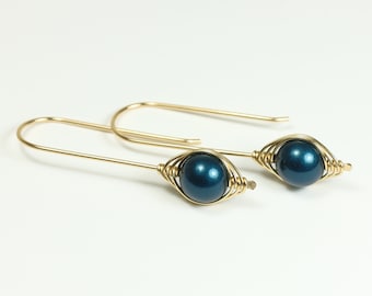 Gold Dark Blue Pearl Earrings Modern Long Drop 8mm Round Petrol Handmade Jewelry Gifts for Women