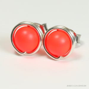 Neon Red Stud Earrings Sterling Silver Bright Fluorescent Pearl Jewelry Handmade